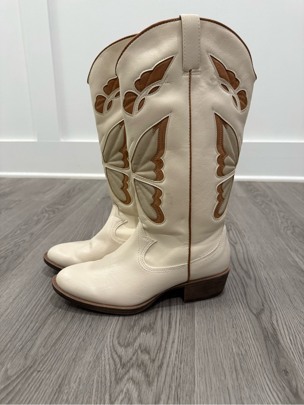 Women’s Cream Over-the-Knee Western Boots with Tan Inlay